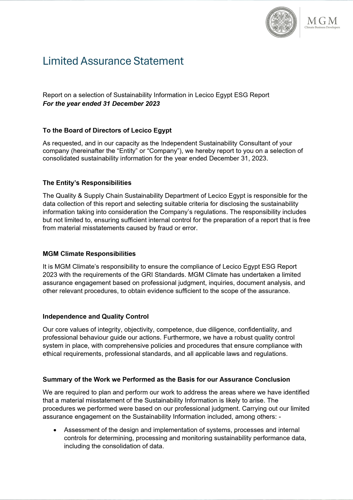 Assurance statement ESG report 2023